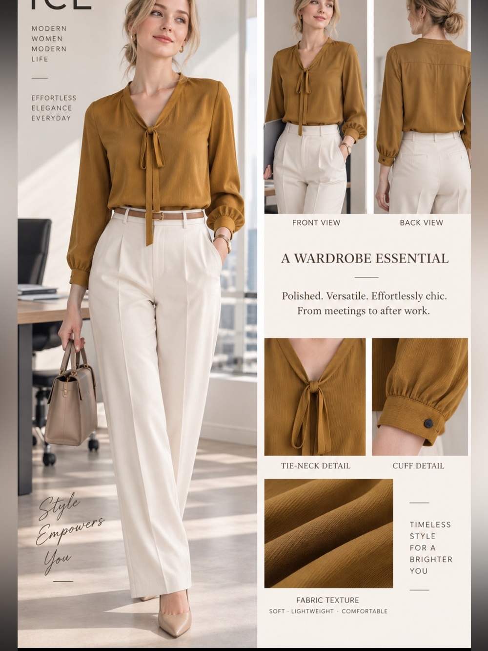 Tie-Neck Blouse in Mustard Brown — Elegant Women's Top